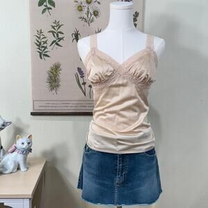 Vintage 70s 80s Nude Nylon Cami Top Lace Coquette Dolly Fairy Ethereal Sexy M
